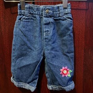 Girls Dark Blue Denim Capri Jeans with Flower Embroidery